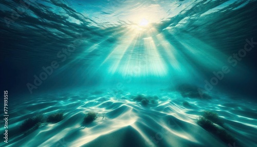serene blues and greens of the ocean, with light filtering through water, Underwater cave, 