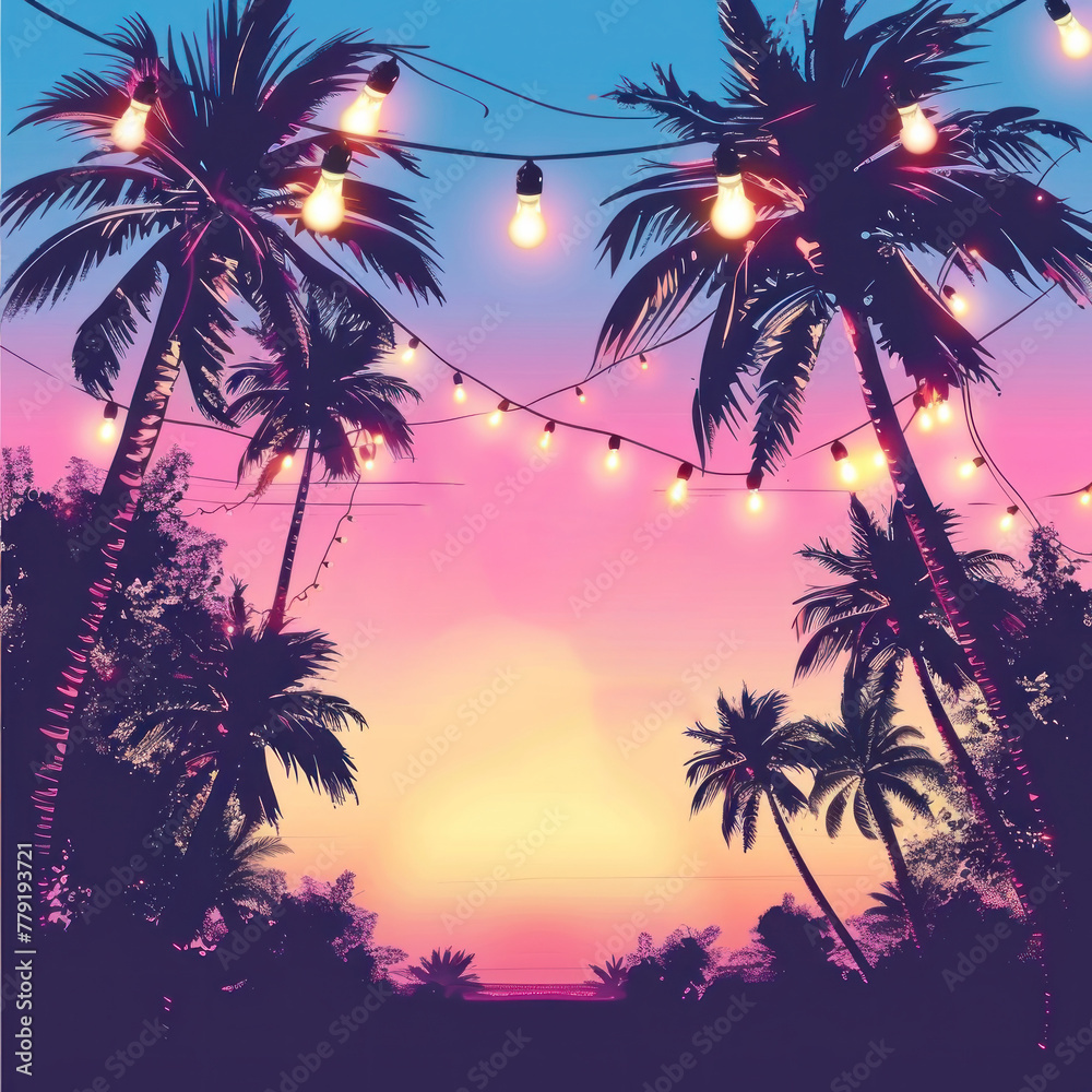 Cool modern flyer for a summer party with palm trees, garlands