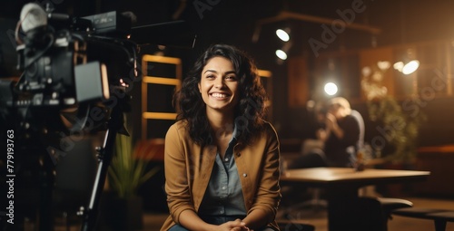 woman sitting in filmmaking studio smiling and speaking with video crew photo