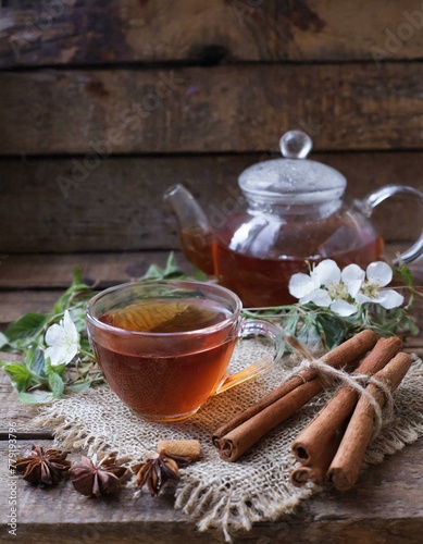  tea on the table cinnamon sticks and herbal tea