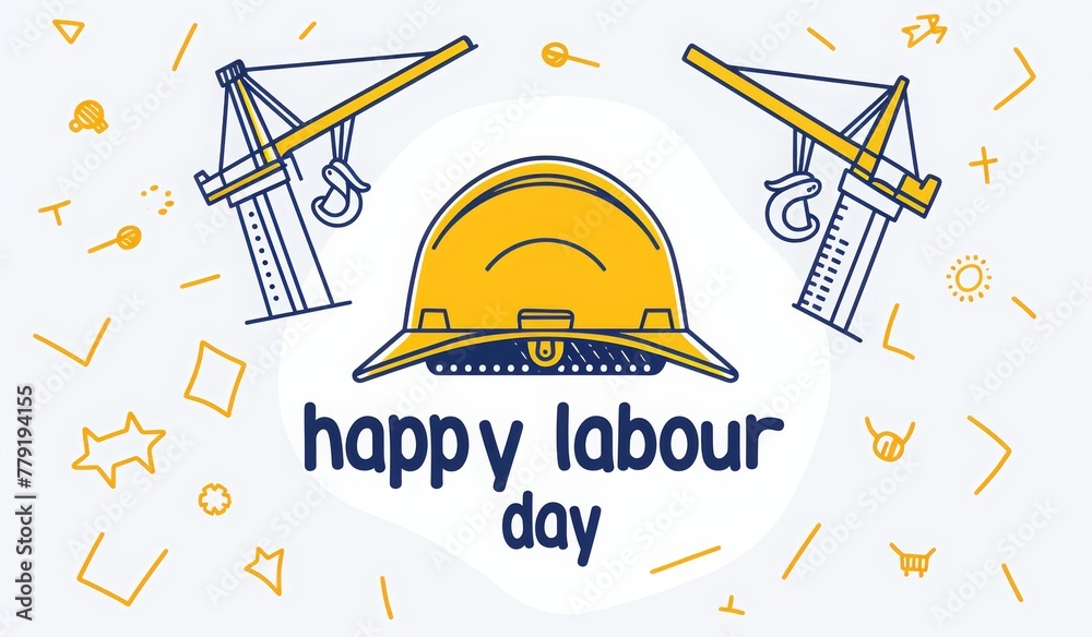 1 May International labor day card with yellow and gray color, in the style of minimalism, flat design. A wrench symbol in a paper cutout shape on a dark background. illustration for a web banner