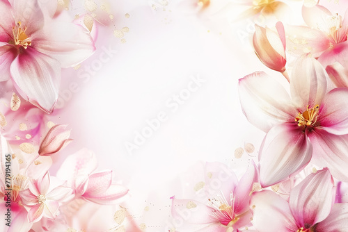 Pink flowers on white background. Copy space