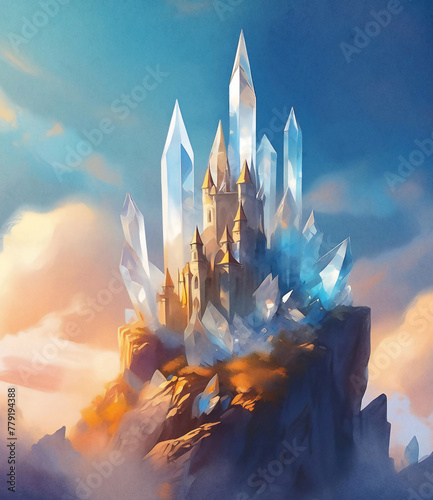 A fantastical crystal castle generated using AI tools on Adobe Firefly and then edited for quality and texture by hand in Adobe Photoshop. Graphic asset for fantasy art, reference and inspiration