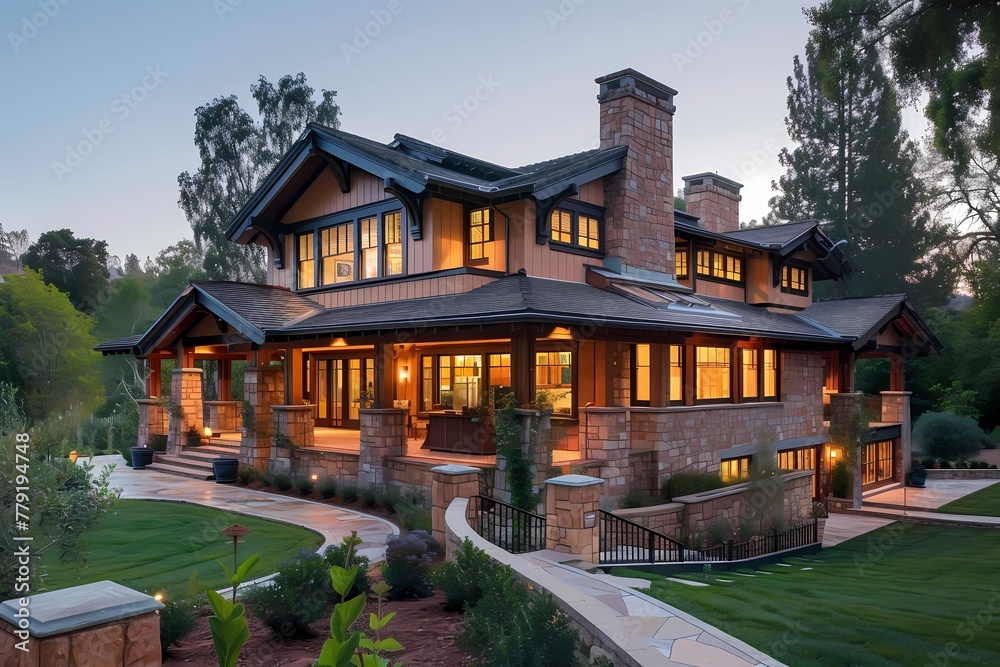 A picturesque craftsman home exterior drenched in soft peach shades, reflecting the golden hour light.