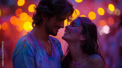 Blurred Chaos: Couple Sharing a Quiet Moment at Holi, generative ai