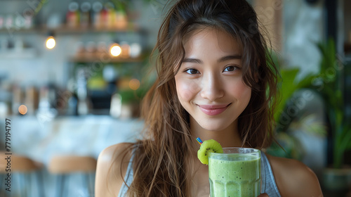 Une belle jeune femme asiatique de 20 ans boit un cocktail fruit   ou jus vert detox au kiwi  boisson sant    jeunesse et vitalit   en vacances