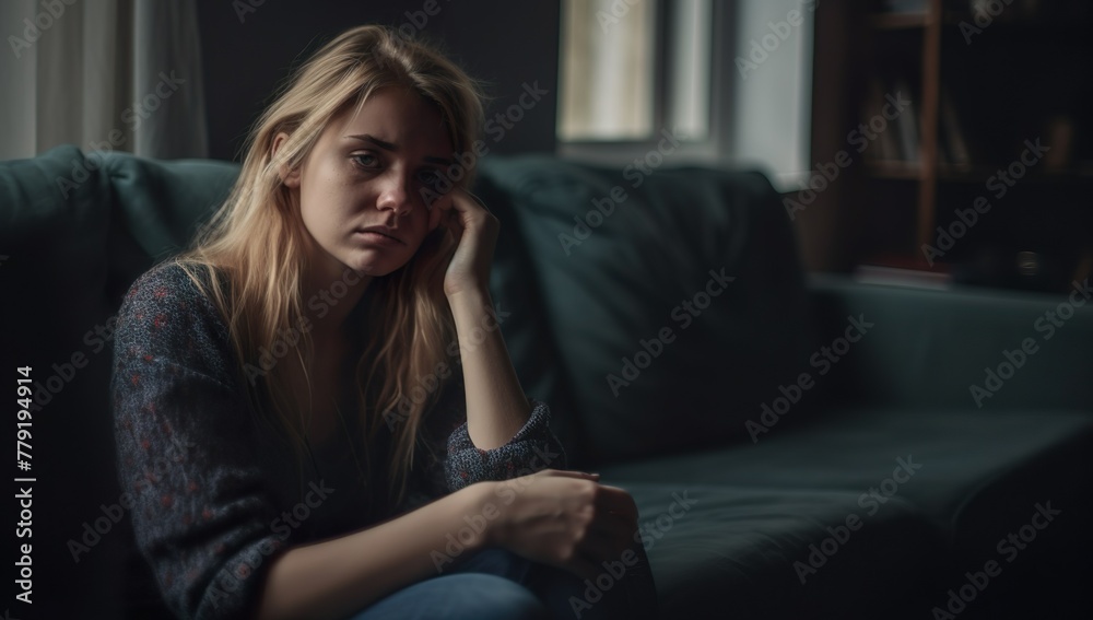 Contemplative Woman Sitting on a Dark Sofa. Generative AI Contemplative Woman Sitting on a Dark Sofa. Generative AI