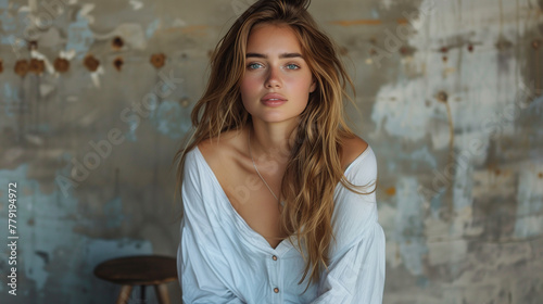 Belle jeune femme sensuelle aux cheveux ondulés et à la robe bohème blanche, posant sur fond gris
