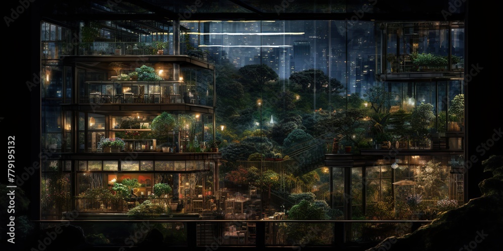 Futuristic Glasshouse Overlooking a Lush Forest City. Generative AI