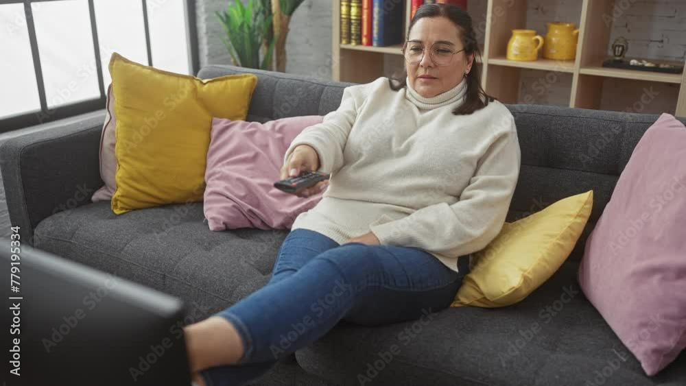 A middle-aged hispanic woman relaxes on a sofa in a cozy living room, holding a remote control. A middle-aged hispanic woman relaxes on a sofa in a cozy living room, holding a remote control.
