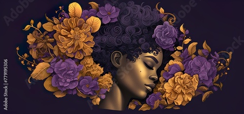 Artistic Floral Embrace around African Origin Woman. Generative AI
