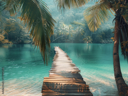 La serenità vi attende sul tranquillo sentiero di legno che conduce a un lago tranquillo circondato da un fogliame verdeggiante. photo