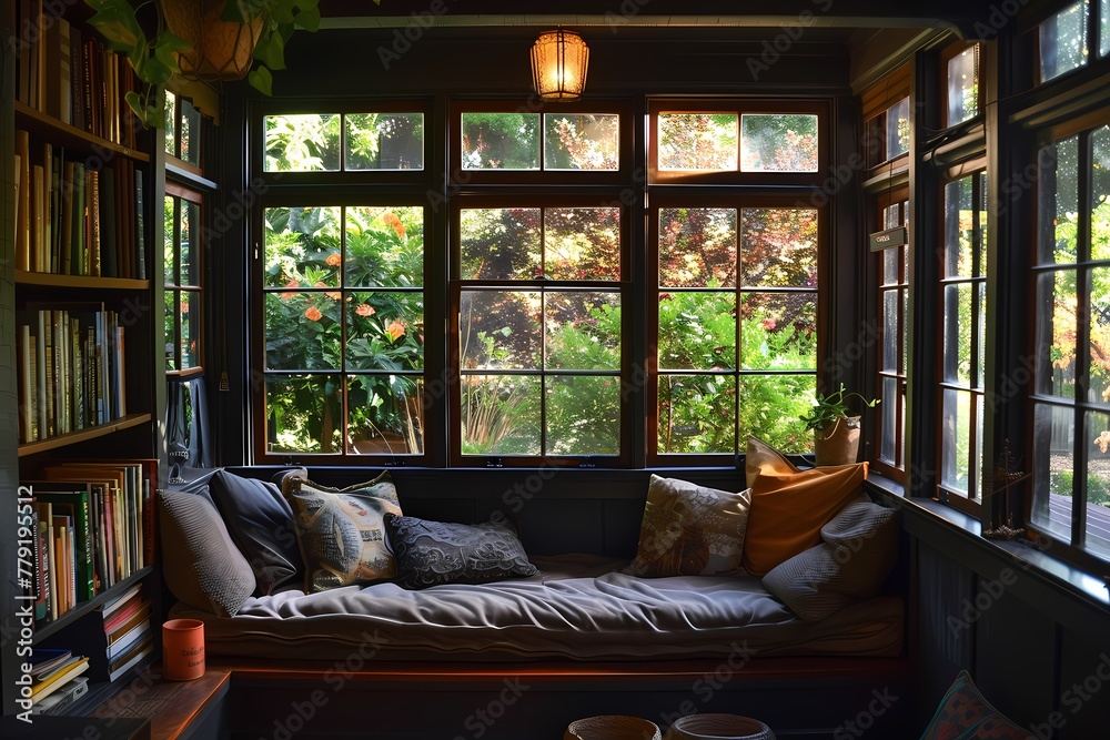 A craftsman house with a dark exterior, showcasing a cozy reading nook by a large window overlooking a scenic garden. A craftsman house with a dark exterior, showcasing a cozy reading nook by a large window overlooking a scenic garden.