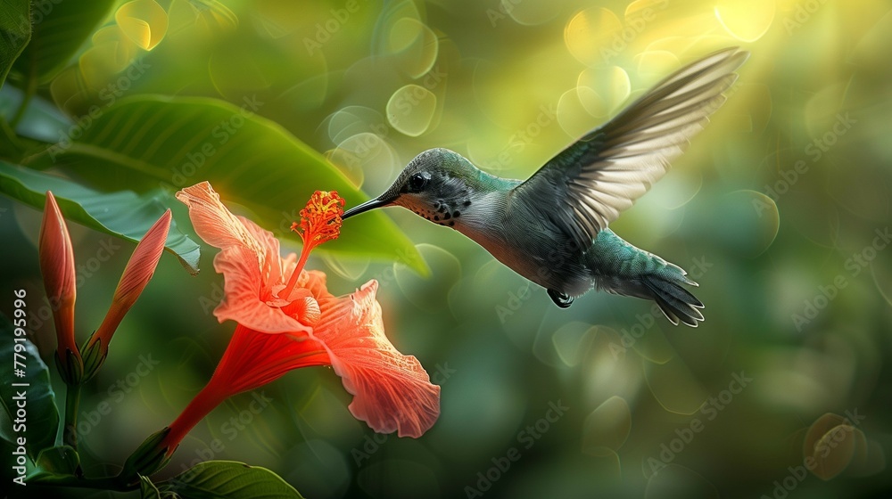 Obraz premium Colorful Hummingbird Sipping Nectar, generative ai