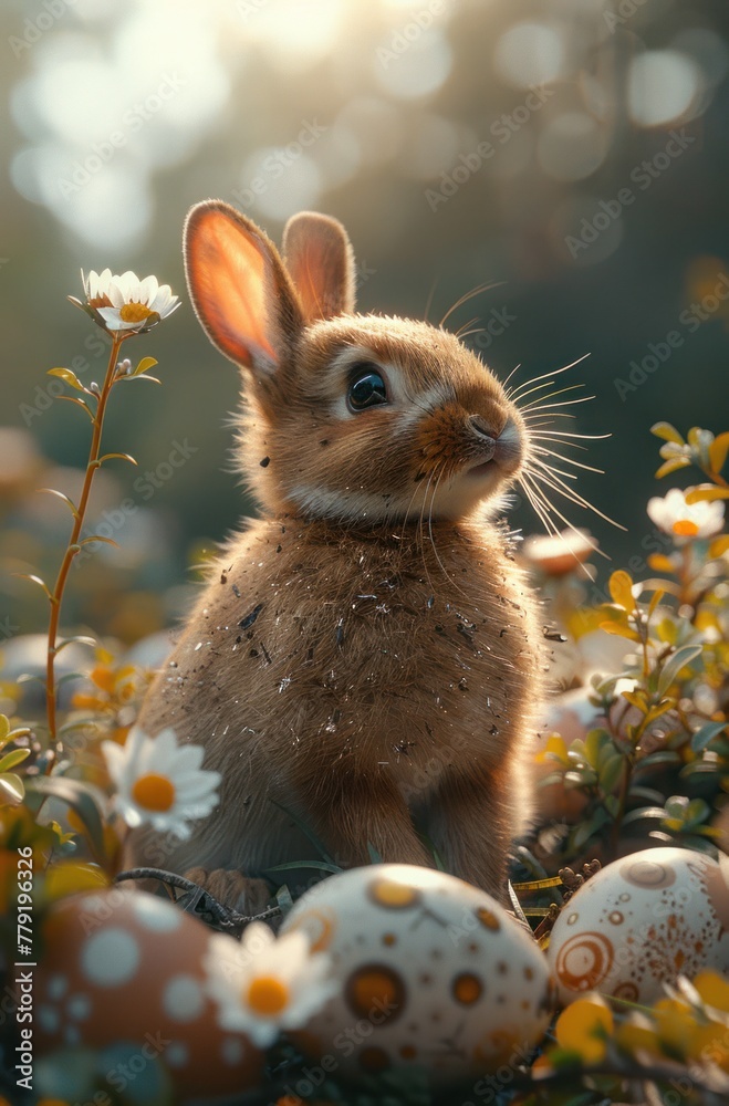 A cute bunny sits in the grass among eggs and flowers