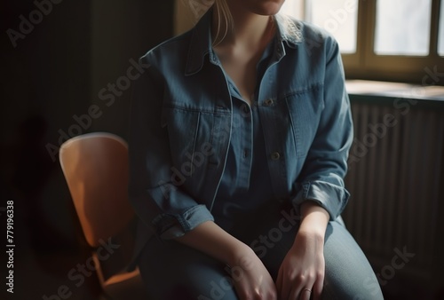 Woman in denim shirt sitting by the window. Generative AI