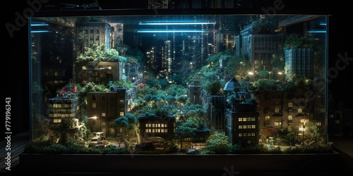 Miniature Urban Jungle Encased in Glass at Night. Generative AI photo
