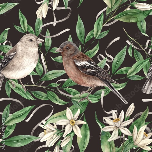 Seamless pattern of branches with green leaves and sitting birds on a brown background. Isolated watercolor drawing in realistic style. Pattern for interior, cards, wedding design, textiles.