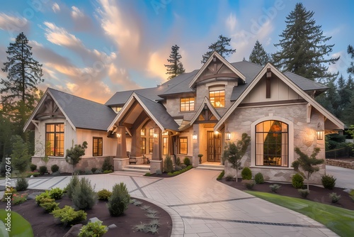 A craftsman house exterior in a warm beige color, featuring a gabled roof, stone accents, and lush landscaping. photo