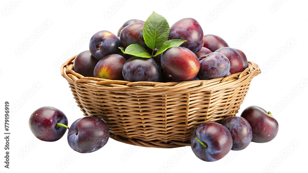 Ripe plums in a wicker basket isolated on transparent background. Ripe plums in a wicker basket isolated on transparent background.