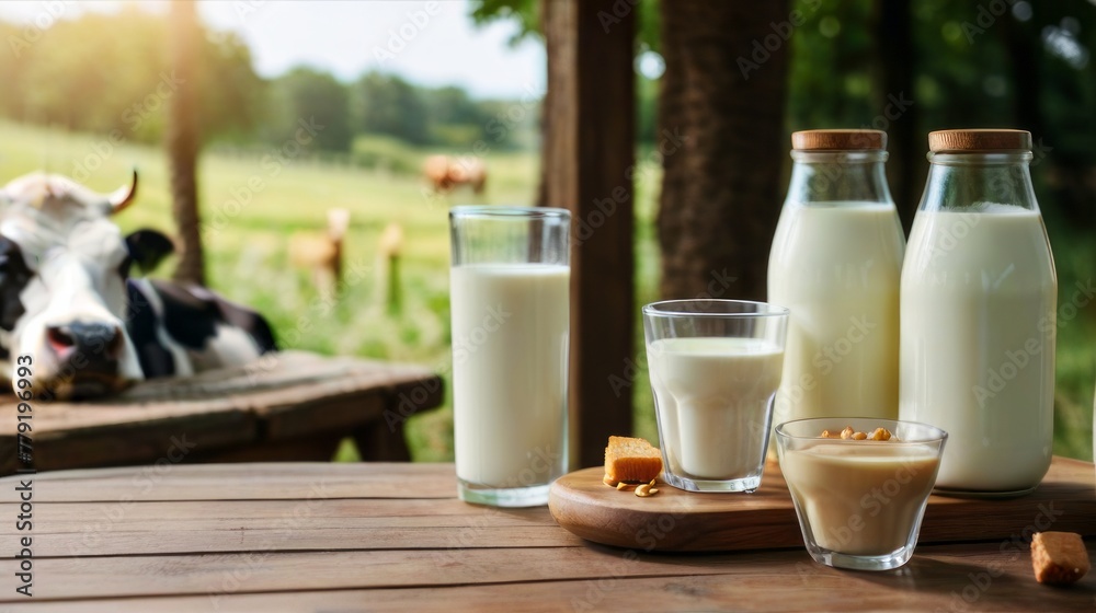 A wooden table adorned with bottles with fresh milk. In the background, a picturesque grassland, accompanied by a herd of dairy cows, highlighting the natural origin of the dairy items A wooden table adorned with bottles with fresh milk. In the background, a picturesque grassland, accompanied by a herd of dairy cows, highlighting the natural origin of the dairy items