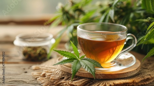 Cannabis tea herbal on tea cup with cannabis leaf marijuana leaves herb on wooden background