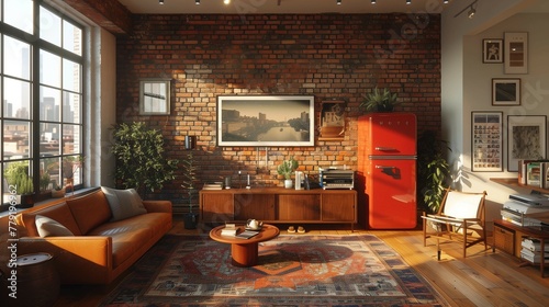 Vintage Industrial Apartment with Warm Glow, generative ai
