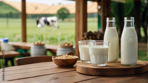 A wooden table adorned with bottles with fresh milk. In the background, a picturesque grassland, accompanied by a herd of dairy cows, highlighting the natural origin of the dairy items