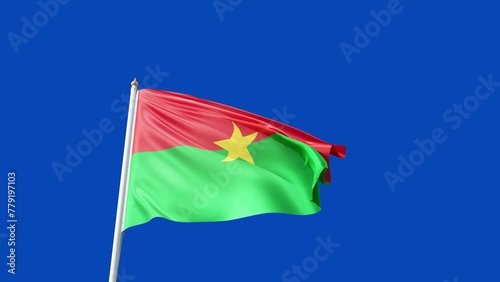 flag of burkina faso on a blue screen, waving in the wind, symbol of the burkina faso, no background, african country, green and red with yellow star, tall flagpole,  photo