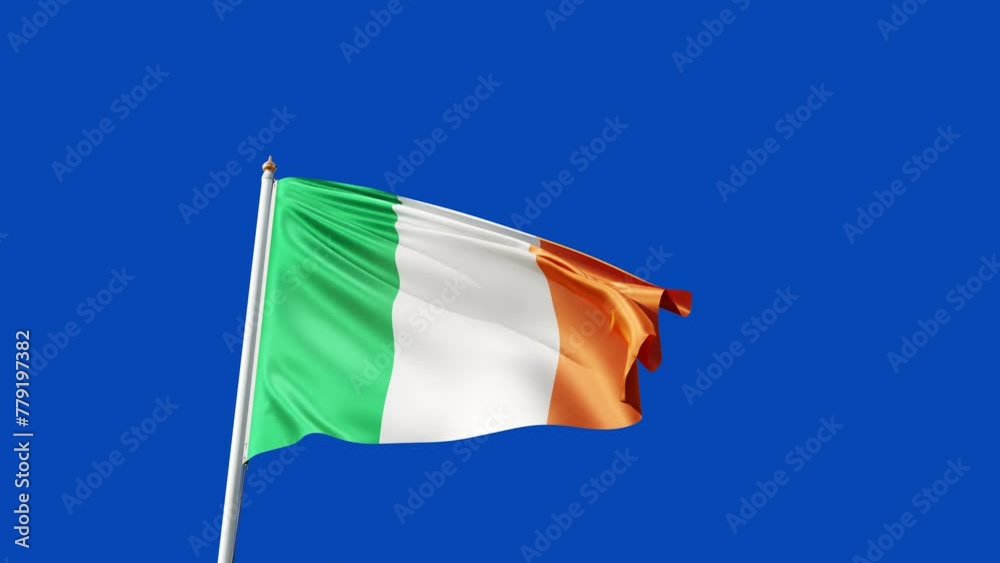 irish flag on a blue screen waving in the wind, banner and national symbol of ireland, tall flagpole, european union, dublin