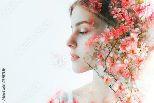Beautiful woman face covered with beautiful flowers, cosmetics, beauty products,Autumn season for healthy mental in double exposure. happy woman's day concept. Generative AI