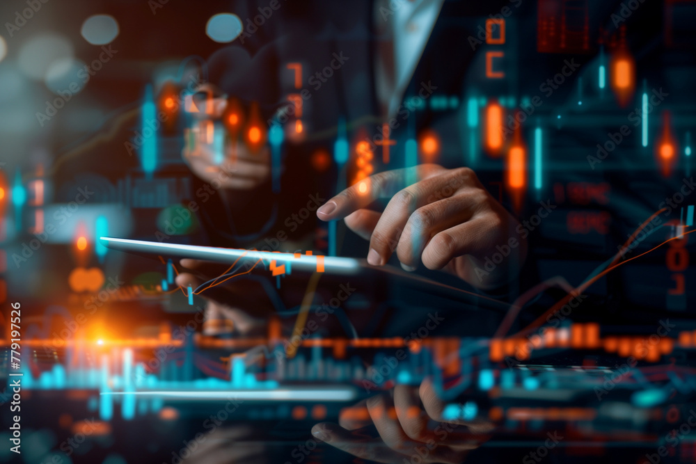 Professional with a tablet, showcasing hologram graphs of stock market trends and charts Professional with a tablet, showcasing hologram graphs of stock market trends and charts