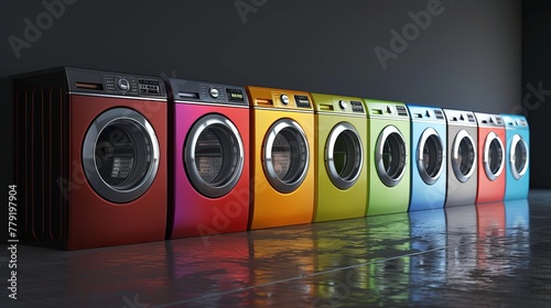 A 3D render image of a row of washing machines in various colors that illustrates the energy efficiency concept and scale