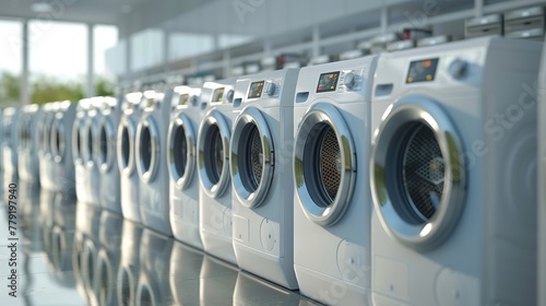 A row of washing machines in a 3D render that illustrates the energy efficiency scale concept and energy efficiency concept