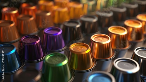 3D illustration of several colored, flavor-varying coffee capsules photo
