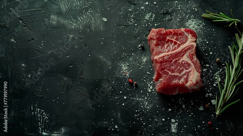 a steak-shaped piece of meat from the butcher shop, set against a backdrop of dark concrete and accompanied by ingredients