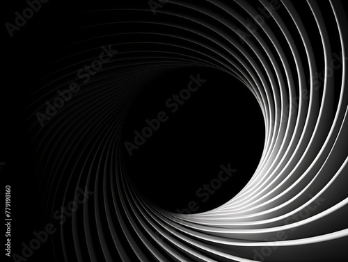 Black background, smooth white lines, radians swirl round circle pattern backdrop with copy space for design photo or text