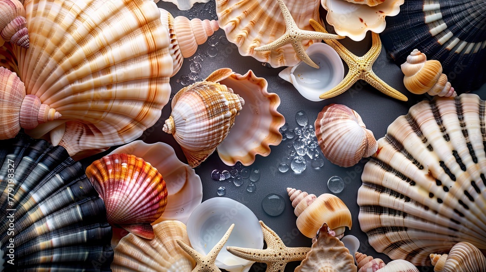 seashells on the dark background. Generative AI seashells on the dark background. Generative AI