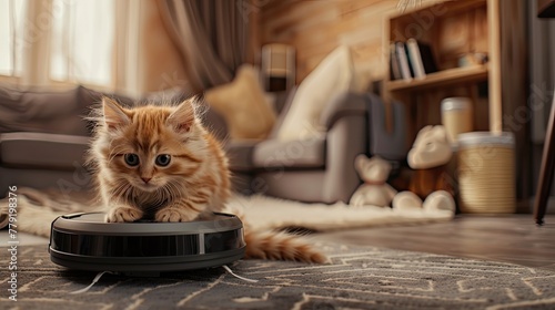 small Cat Sitting on a Robot Vacuum Cleaner in Cozy Interior, Generative AI