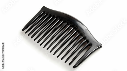 Top view of a black plastic hair comb isolated on a white background.