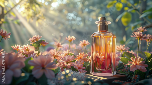 A luxury glass perfume bottle on pink flowers garden with morning light background  a wide banner with copy space area