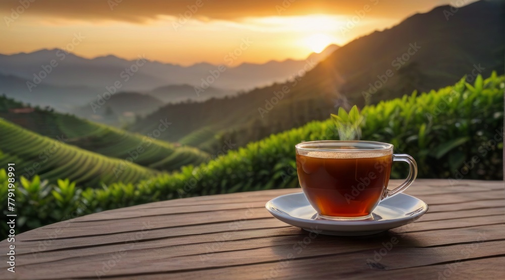 Cup of hot tea with sacking on the wooden table and the tea plantations background - obrazy, fototapety, plakaty 