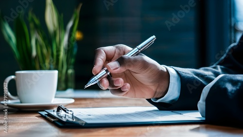 Elegant Signing of Important Document. Concept Formal Photoshoot, Document Signing, Professional Attire, Business Meeting