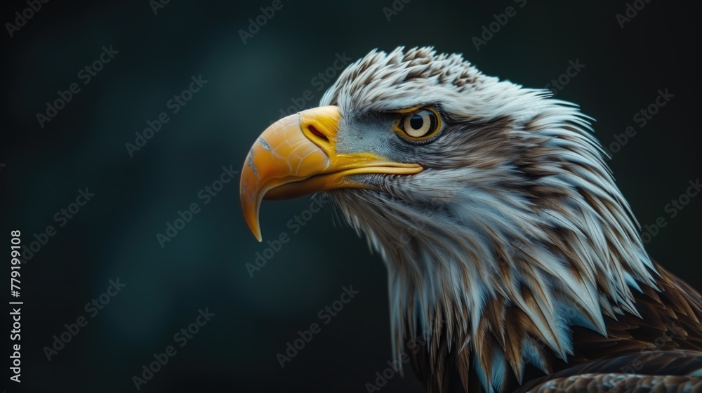 Animal Portrait Photography, Regal Eagle with Golden Beak Profiled Against a Dark Backdrop, Animal Portrait Photography, Regal Eagle with Golden Beak Profiled Against a Dark Backdrop,
