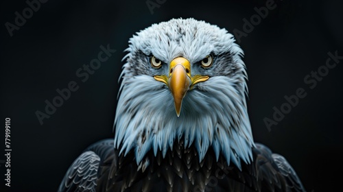 Animal Portrait Photography, Regal Eagle with Golden Beak Profiled Against a Dark Backdrop,