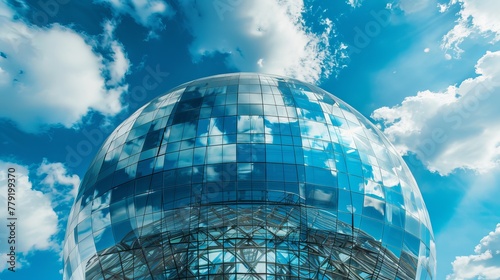 Kaliningrad  Russia  Modern glass sphere building reflecting blue sky and clouds. Close up