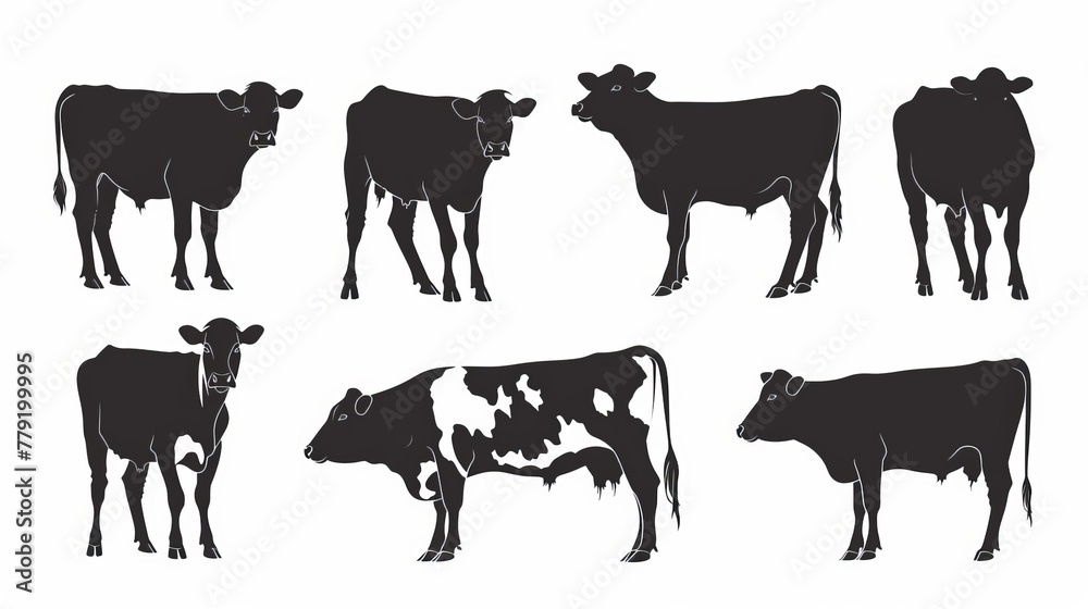 Vector silhouettes of cows and other farm animals set against a white background.