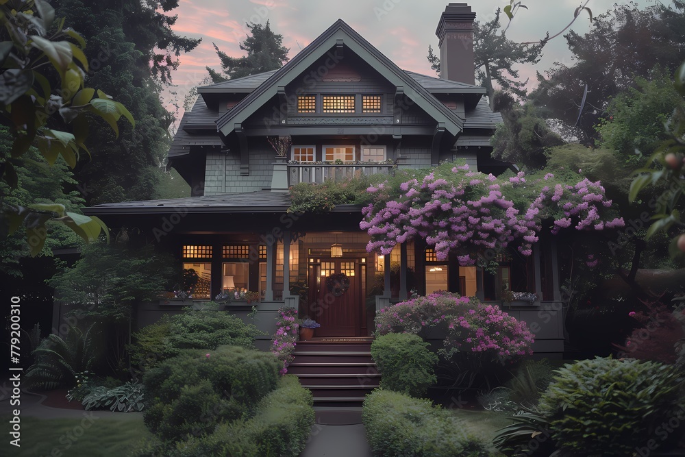 From the sky, a serene craftsman bungalow facade adorned with gentle lavender hues, surrounded by lush foliage and flowering bushes. From the sky, a serene craftsman bungalow facade adorned with gentle lavender hues, surrounded by lush foliage and flowering bushes.