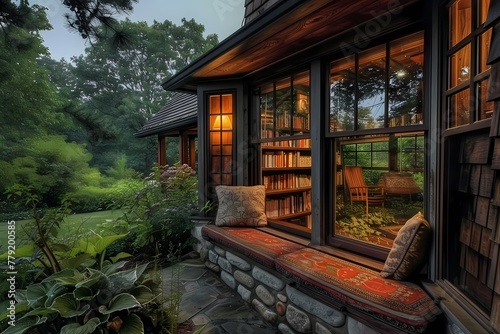 A craftsman house with a dark exterior, showcasing a cozy reading nook by a large window overlooking a scenic garden.