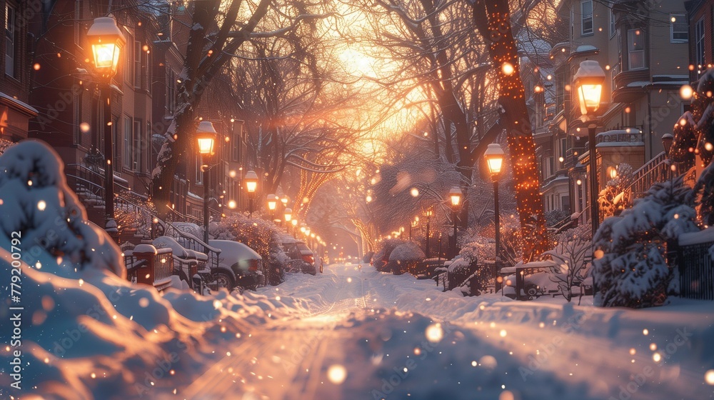 Morning Glow on Snowy Urban Street, generative ai Morning Glow on Snowy Urban Street, generative ai